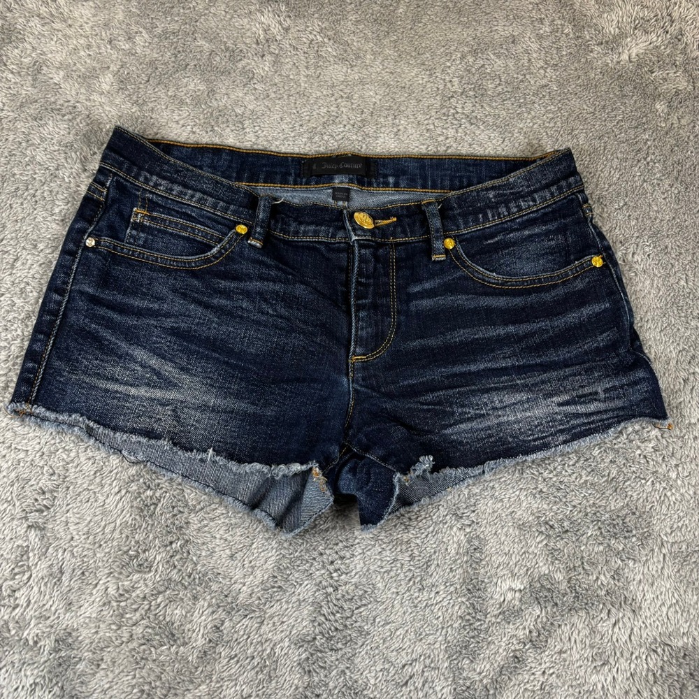 Juicy Couture Dark Wash Denim Cutoff Shorts Gold Hardware Size 27 JG009160